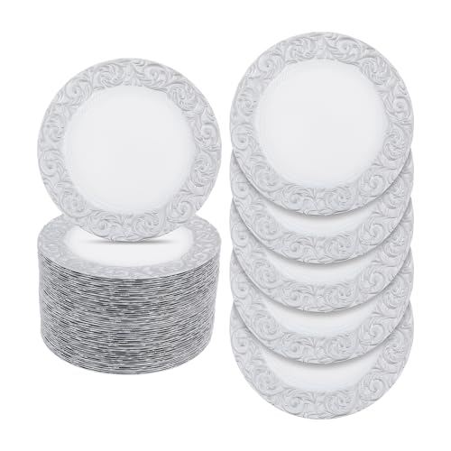 50Pcs Antique Charger Plates, Decorative Plates with Embossed Silver Rim, 13 Inch Reusable Plastic Charger Plates Set for Wedding, Party, Banquet, Thanksgiving, Home Dinner