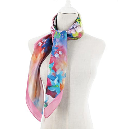 100% Mulberry Silk Scarf-Printed or Solid Color 35” Square Large Silk Hair Head Wrap Scarf With Gift Box Package - color: E Pattern: Aesthetic Butterfly Orchid
