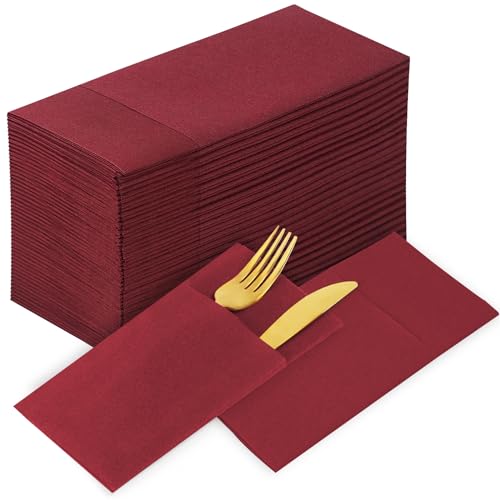 KAMMAK Burgundy Napkins Disposbale Wine Red Cloth like Paper Dinner Napkins with Pocket 100 Pack Guest Hand Towel for Party Decoration, Wedding Reception, Bathroon, Restaurant (16.5 x 16.5 inch) - color: Burgundy Red