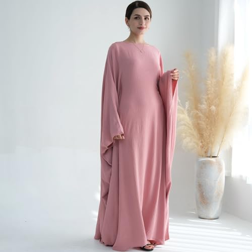 Women Muslim Abaya Dress 1Piece Bat Sleeve Islamic Maxi Robe Fashion Jilbab for Women Eid Kaftan Muslim Robe - color: Pinka, size: Medium