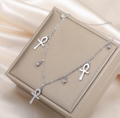 Ankh Cross Y Necklace Key of Life Eye of Horus Pendant Cartouche Long Chain Protection African Coptic Amulet Ancient Egyptian Religious Jewelry Gift for Women Men - color: Gemstone Ankh Cross silver