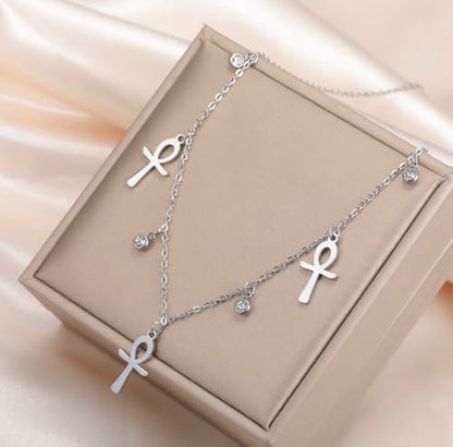 Ankh Cross Y Necklace Key of Life Eye of Horus Pendant Cartouche Long Chain Protection African Coptic Amulet Ancient Egyptian Religious Jewelry Gift for Women Men - color: Gemstone Ankh Cross silver