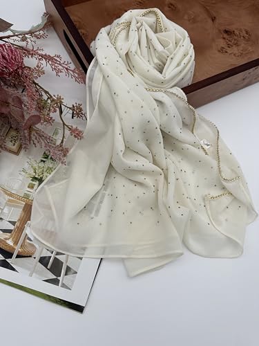 Hijab for Women Premium Chiffon Hijab Rhinestone Hijab Scraf for Women Muslim - color: Cream