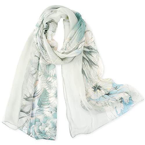 E-Clover Women Soft Floral Print Shawl Chiffon Sheer Scarf - color: Green Flowers