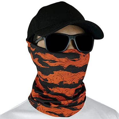 Fishing Face Mask Neck Gaiter - UV Sun Protection Cover for Men Women | Moisture-Wicking, Quick-Drying, Lightweight, Camo Design, Multi-Style Headwear, SPF Sun Shield - color: Orange Tiger Stripe