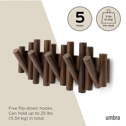 Umbra Picket Coat Rack, Wall Mount 5 Flip-Down Coat Hooks, Walnut | Beveled pine wood dowels, supports up to 5 lbs, mounting hardware included, space saving - color: Walnut, size: 5-Hook