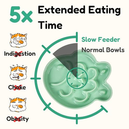 Ceramic Cat Slow Feeder Bowl - Shallow Whisker Friendly Cat Plate for Dry and Wet Food - Puzzle Feeder for Slow Eating - Helps Reduce Vomiting - Microwave & Dishwasher Safe -Non Slip(Green,6.3''W) - color: Green