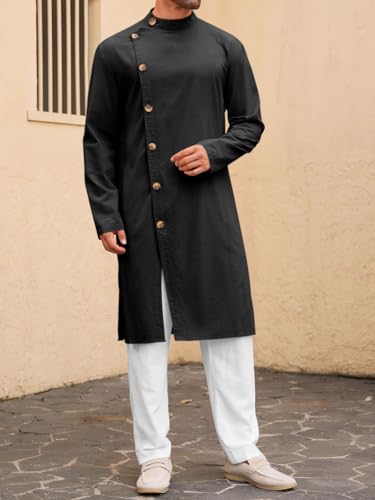 Runcati Mens Kaftan Thobe Button Down Long Sleeve Robe Casual Henley Shirt Cotton Muslim Gown Kurta Tops - color: Black, size: X-Large