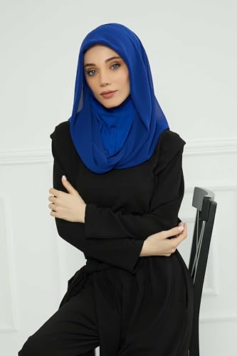 Aisha's Design Pre-tied Cotton-Chiffon Scarf for Women Practical Veil Instant Scarf Hijab Stylish Design - color: Sax Blue