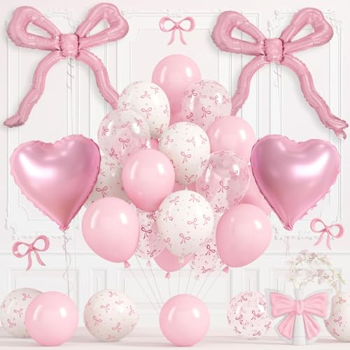 Pink Bow Balloons, Light Pastel Pink White Bow Print Balloons with 18 Inch Coquette Foil Bow heart Balloon for Girl Women Birthday Wedding Bridal Baby Shower Bachelorette Engagement Party Decorations - color: Bow Pink White