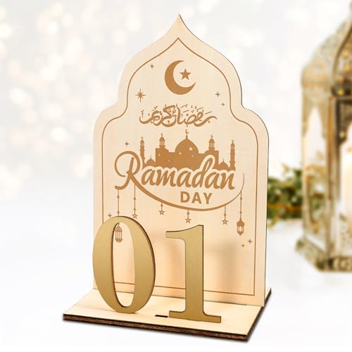 HOWAF Wooden Ramadan Advent Calendar, Ramadan Countdown Calendars with 30 Days Til Eid, Reusable Ramadan Decorations for Home, Islamic Eid Table Decorations for Gift, Moon & Mosque Design