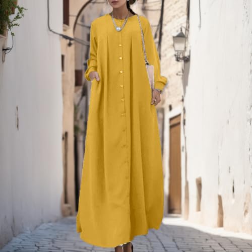 Muslim Dresses for Women Long Sleeve Muslim Prayer Dress Loose Button Down Tunic Flowy Maxi Dress Summer Clothes - color: Yellow, size: Large