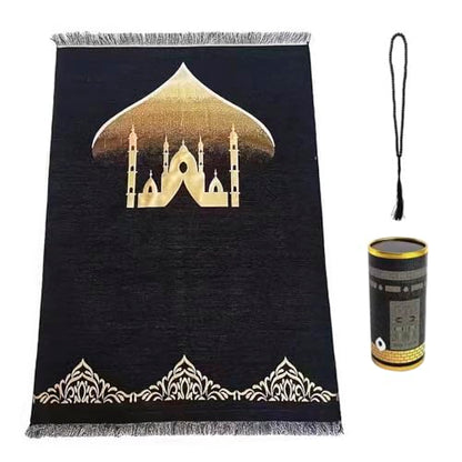 Muslim Prayer Rug Islam and Prayer Beads with Kaabe Design Cylinder Box Eid Ramadan Gifts Islamic Set Carnal Salah Mat Taffeta Fabric Black Soft Prayer Mats Sajadah Carpet Mat, Taffeta Fabric - color: Multi-color