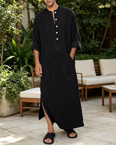 Jacansi Men's 65% Cotton 35% Linen Long Sleeve Kaftan, Button Down Ankle Length Thobe with Side Split & Pocket - color: Black, size: X-Large
