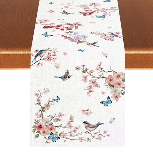 Floral Bird Table Runner, Seasonal Spring Cherry Blossom Watercolor Butterfly Boho Farmhouse Table Runner for Coffee Table Home Party Kitchen Dining Table Wedding Party Decor 13x36 inches - color: Tr-bird07, size: 13x36" Table Runner