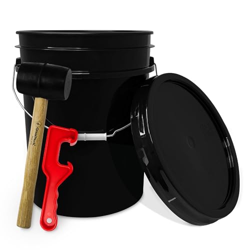 5 Gallon Plastic Bucket with Airtight Lid | Made in USA | Food Grade Bucket | BPA-Free | Heavy Duty 90 Mil All Purpose Pail | One 12" Rubber Mallet & One Lid Opener Included | 1 Pack - color: Black, size: 1 Pack