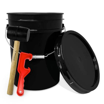 5 Gallon Plastic Bucket with Airtight Lid | Made in USA | Food Grade Bucket | BPA-Free | Heavy Duty 90 Mil All Purpose Pail | One 12" Rubber Mallet & One Lid Opener Included | 1 Pack - color: Black, size: 1 Pack