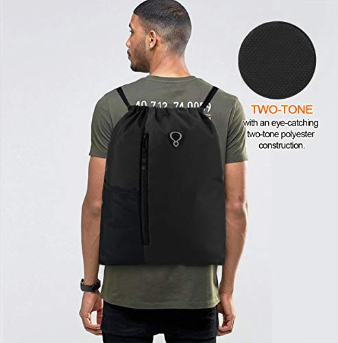 BeeGreen Black Drawstring Backpack Gym Bag For Men Women String Sports Backpack With Water Bottle Mesh Pockets And 2 Zippered Pocket Large Cinch Sackpack Workout Bag 16" x 20" - color: Black, style: Drawstring With Mesh Pocket