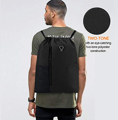 BeeGreen Black Drawstring Backpack Gym Bag For Men Women String Sports Backpack With Water Bottle Mesh Pockets And 2 Zippered Pocket Large Cinch Sackpack Workout Bag 16" x 20" - color: Black, style: Drawstring With Mesh Pocket