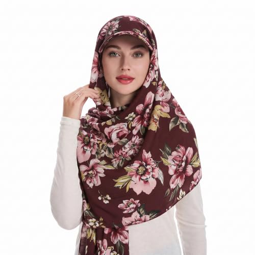ZLYC Women Muslim Hijab Scarf with Visor Built-in Undercap Sun Protection Headwrap - color: Floral Burgundy