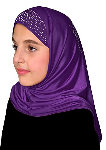 Aiyah Hijab for Girl's 1 piece Elastane-Spandex Amira Head Scarf with Rhinestones Easy Pull-on Headscarf - color: Medium - Purple, size: Medium