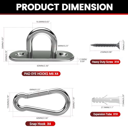 sprookber 304 Stainless Steel Pad Eye Snap Hooks, M6 Heavy Duty Ceiling Hooks, 800 lb Capacity Hammock Swing Hanging kit, Plant Hangers, Marine Hardware Staple Hook Loop with Screws, Set of 8 | Hanging Kit with Screws for Hammock Chair Swing, Yoga Gym Equ