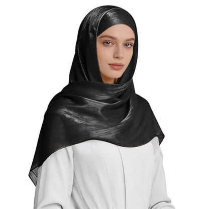 Premium Hijab Head Scarf for Women Lightweight Shimmer Hijab Head Wrap Scarves Crepe Satin Scarf Shawl Wrap - color: Black