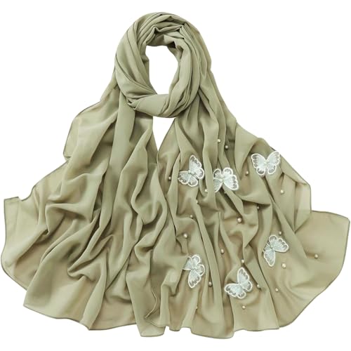 Muslim Prayer Hijab for Women Lightweight Pearl Chiffon Scarfs 3-D Butterfly Embroidery with Glitters Beads Islamic Hijab - color: Green