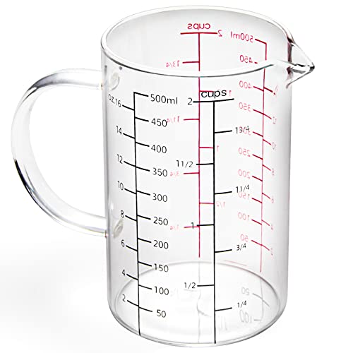 High Borosilicate Glass Measuring Cup with Handle, [Double-Sided Measuring Scale, V-Shaped Spout, Insulated handle], Glass Measuring Cup with Three Scales (OZ, Cup, ML) for Liquid (500 ML) - size: 2 Cup (500 ml)