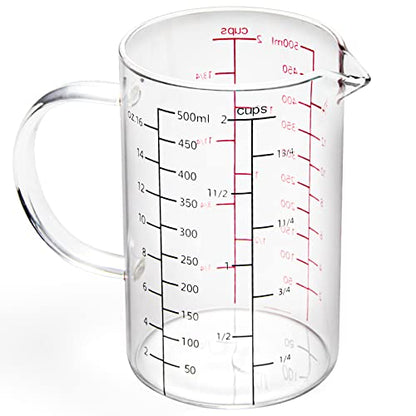 High Borosilicate Glass Measuring Cup with Handle, [Double-Sided Measuring Scale, V-Shaped Spout, Insulated handle], Glass Measuring Cup with Three Scales (OZ, Cup, ML) for Liquid (500 ML) - size: 2 Cup (500 ml)