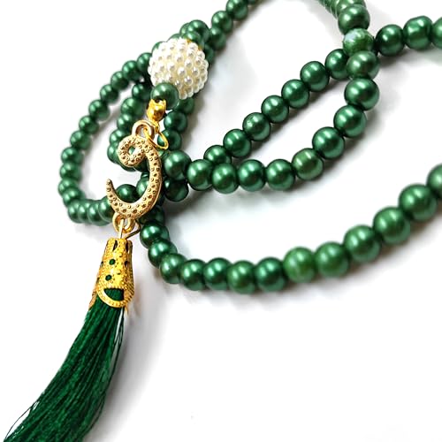 BAYKUL Muslim Prayer Beads 99, Islamic Rosary with Silver Allah Muhammad Engraved Tasbih, Zikr Namaz Worship Ramadan Tesbih Bracelet - color: Green Pearl