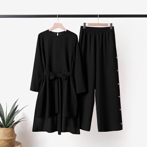 IDOPIP Women's Muslim Abaya Dress 2 Pieces Set Long Sleeve Button Down Shirt and Pants Casual Arabic Islamic Dubai Outfits - color: Black + Belt, size: X-Large