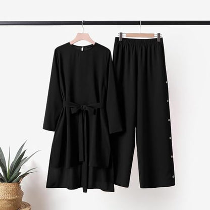 IDOPIP Women's Muslim Abaya Dress 2 Pieces Set Long Sleeve Button Down Shirt and Pants Casual Arabic Islamic Dubai Outfits - color: Black + Belt, size: X-Large