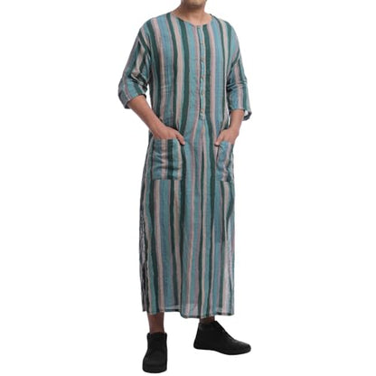 IWEMEK Muslim Thobe for Men Striped Kaftan Thobe with Pockets Saudi Arabic Robe Button up Dubai Abaya Caftan Ramadan Clothes - color: Green, size: Large