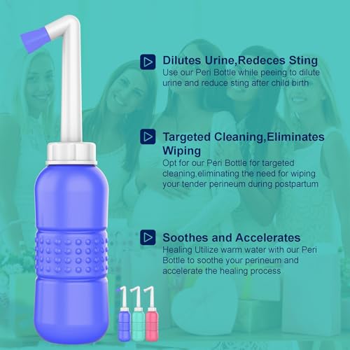 페리 보틀 450ml 산후 회 클렌징 병, 여성 케어 산후 회 클렌징 425.2g(15온스) 휴대용 비데 여행용 비데 방수 보관 가방 포함 (핑크+블루) - size: 2 pcs x 450 ml