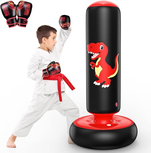 QPAU Inflatable Punching Bag, 48 Inch Stable Inflatable Boxing Bag for 3-6 Kids,Dinosaur Toy & Gifts for Boys and Girls, Kids Boxing Set for Practicing Karate, Taekwondo - color: Dinosaur Red