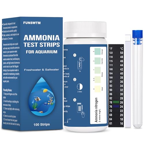 Ammonia Test Strips for Fish Tank: 100 Count Aquarium Ammonia Test Strips for Saltwater & Freshwater Aquariums & Ponds – Ammonia Test Kit with Test Tube Thermometer Stick - size: 1 in 1 - 100 Count
