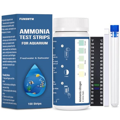 Ammonia Test Strips for Fish Tank: 100 Count Aquarium Ammonia Test Strips for Saltwater & Freshwater Aquariums & Ponds – Ammonia Test Kit with Test Tube Thermometer Stick - size: 1 in 1 - 100 Count