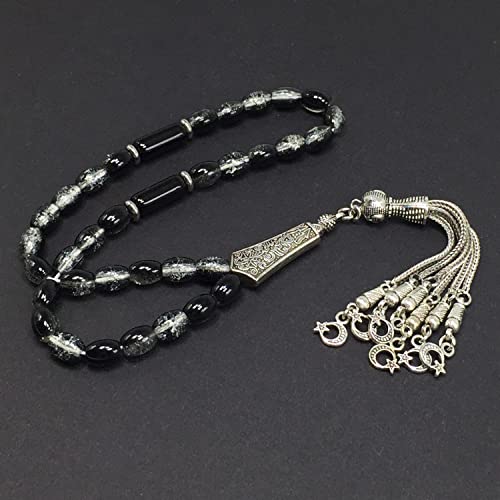 Transparent Crackle Black Glass Worry Beads, Prayer Beads, Tesbih, Tasbih, Tasbeeh, Rosary, Misbaha, Masbaha, Subha, Sebha (8x6mm-33 Beads) - color: Transparent Crackle Black Glass -8x6mm-33 Beads