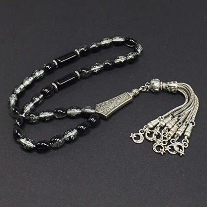 Transparent Crackle Black Glass Worry Beads, Prayer Beads, Tesbih, Tasbih, Tasbeeh, Rosary, Misbaha, Masbaha, Subha, Sebha (8x6mm-33 Beads) - color: Transparent Crackle Black Glass -8x6mm-33 Beads