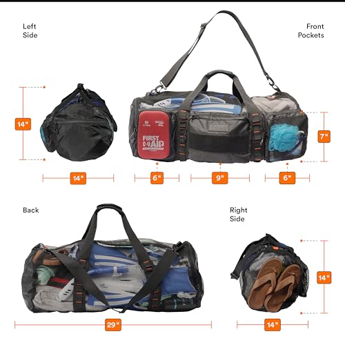 Fitdom 90L 29" Large Mesh Duffle Bag for Scuba, Snorkeling & Water Sports | Quick Dry Mesh with Wet Pocket, 2 Water Resistant Pockets & Large Side Pocket for Swimming, Diving, Beach, Pool & Travel Gear
