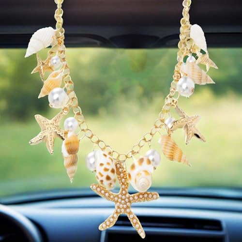 Sea Shell Rear View Mirror Accessories Hanging Charms, Starfish Conch Cute Car Accessories for Women/Men, Car Interior Decor Hanging Ornament, Ideal for Beach Vacation (Gold) - color: Gold