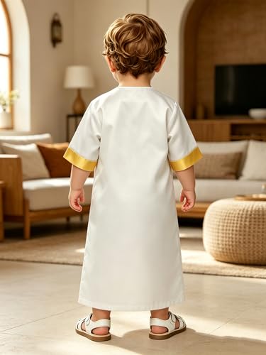 Toddler Ramadan Eid Outfit Traditional Middle Eastern Short-Sleeve Crew-Neck Thobe Kaftan Prayer Clothes - color: White, size: 4T