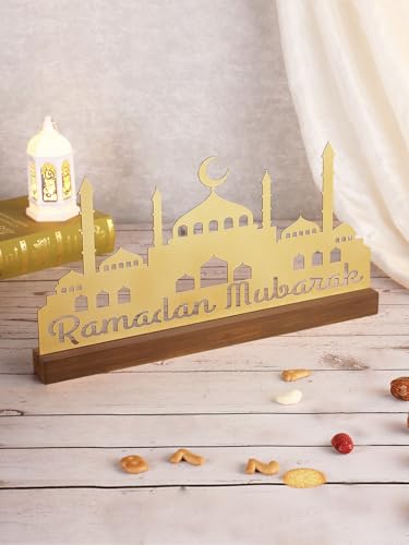 Enlarged 15.7in Metal Ramadan Table Sign - Eid Mubarak Tabletop Decorations, Muslim Golden Palace Dinner Ornaments for Islamic Gifts Parties Home Kitchen, Hollow Letters - style: Hollow Letters