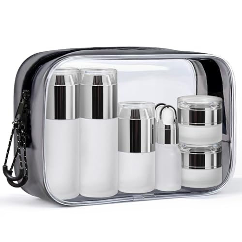 Glass Travel Bottles for Toiletries, TSA Approved, Leak Proof Refillable Travel Size Containers with Pump Spray Dropper Jars for Skincare Lotion Cream or Shampoo - color: Frosted Glass Bottle with Silver Lid