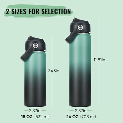 Fijinhom 18oz Insulated Stainless Steel Water Bottle, Wide Mouth Double Wall Vacuum, Silicone Straw, Sweat & Leak Proof, BPA Free Insulated Water Flask for Travel, Keep Cold 24h Hot 12h, Green & Black - color: Green & Black, size: 18 Ounces