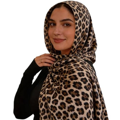 Hijab Scarf for Women Fashion Printed Modal Hijab Head Wrap Scarves Lightweight Long Scarf Shawls - color: Brown Leopard