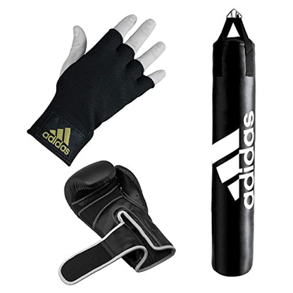adidas Home Gym Bundle - Home use Heavy Bag (Black White, Black Gold, Black Red / 3ft, 4ft, 5ft) + Hybrid 80 Boxing Gloves (Black White, Black Red, Black Gold / 8oz, 12oz, 16oz) + Protective Inner gloves (Black Gold / Medium) – for Boxing, Training, Fitne