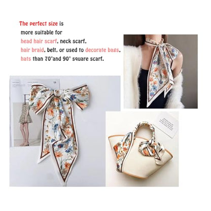Silk Feeling Head Scarf Fashion Satin Hair Scarf Square Long Scarves for Women Gifts - color: 02 Daisy Flower Beige 5.12 X 59 Inch