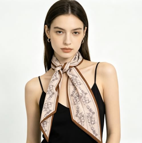Silky Satin Long Skinny Head Scarf for Women - Neck Hair Scarf, Purse Bag Belt Accessory, Silk Feeling, 57"x5" - color: Rice White 01